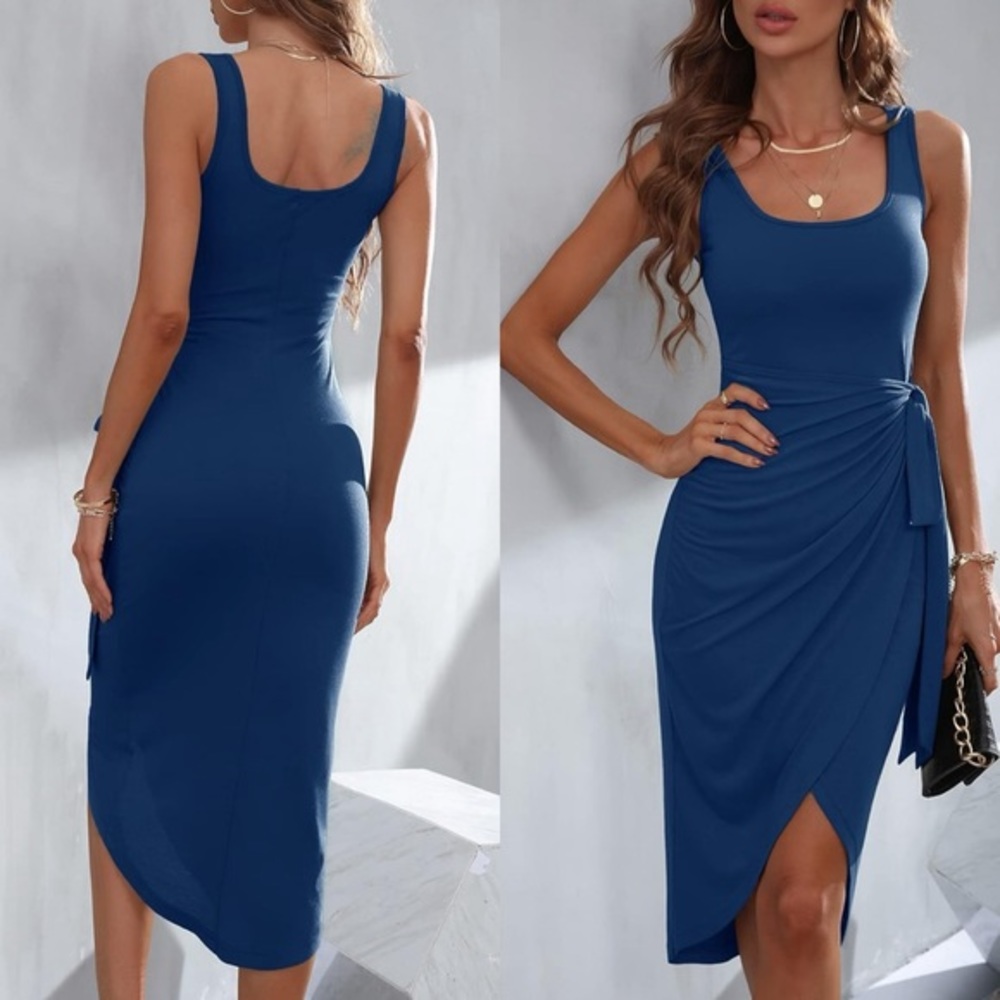 Sleeveless Asymmetrical Ruched Midi Dress - Blue